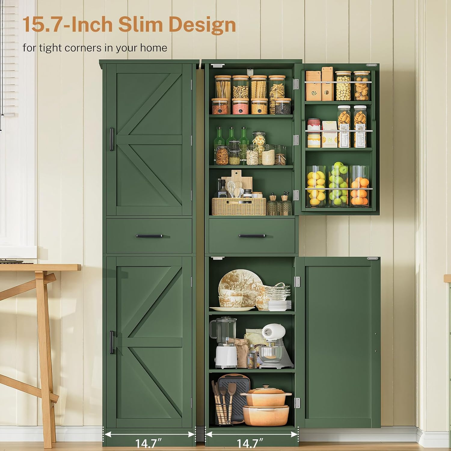TEENFON Kitchen Pantry Cabinet with 3 Door Shelves & 1 Drawer, Narrow Bathroom Cabinet with Adjustable Shelves, Tall Storage Cabinet for Living Room, Bathroom, Entryway, Green