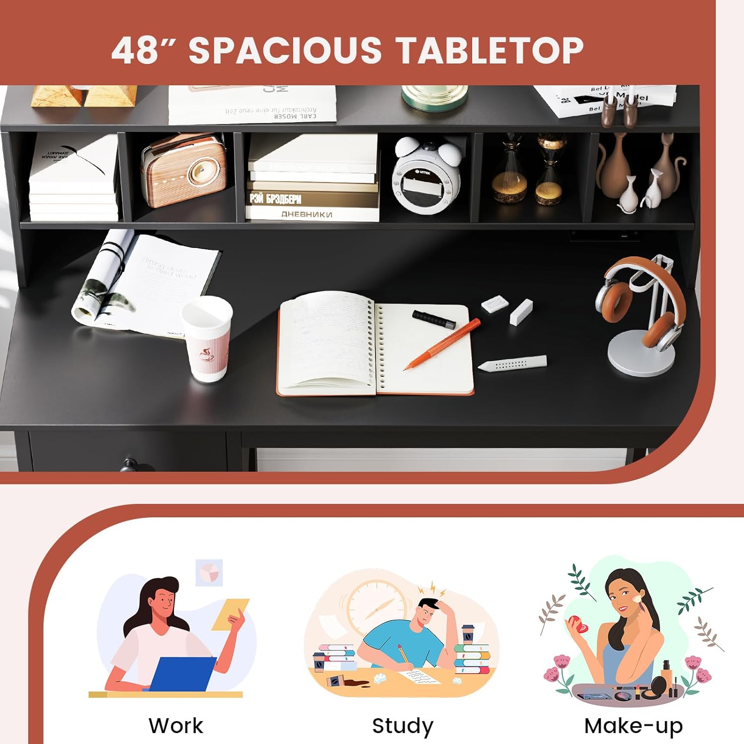 Tangkula Black Desk with Drawers & Hutch, Modern Home Office Desk with Power Outlets, USB Ports & Type-C, Writing Study Desk with 5-Cubby Hutch, Computer Workstation Makeup Vanity Desk
