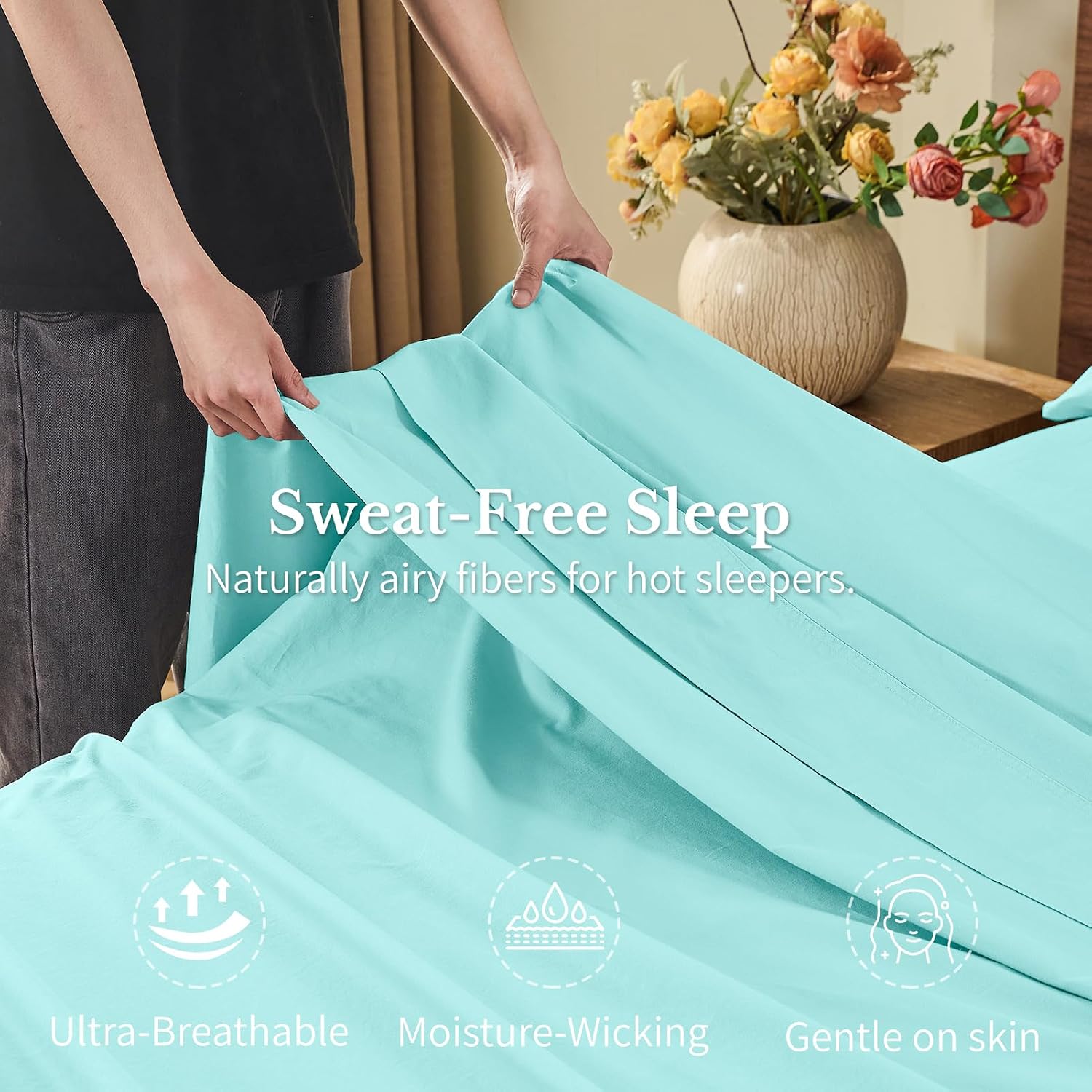 MEISHANG 100% French Pure Linen Sheets King Size - Bed Sheets 4 Piece Sets, Soft Durable Flax Linen, Anti-Tear Breathable Moisture Wicking with 16' Deep Pocket (Light Blue)