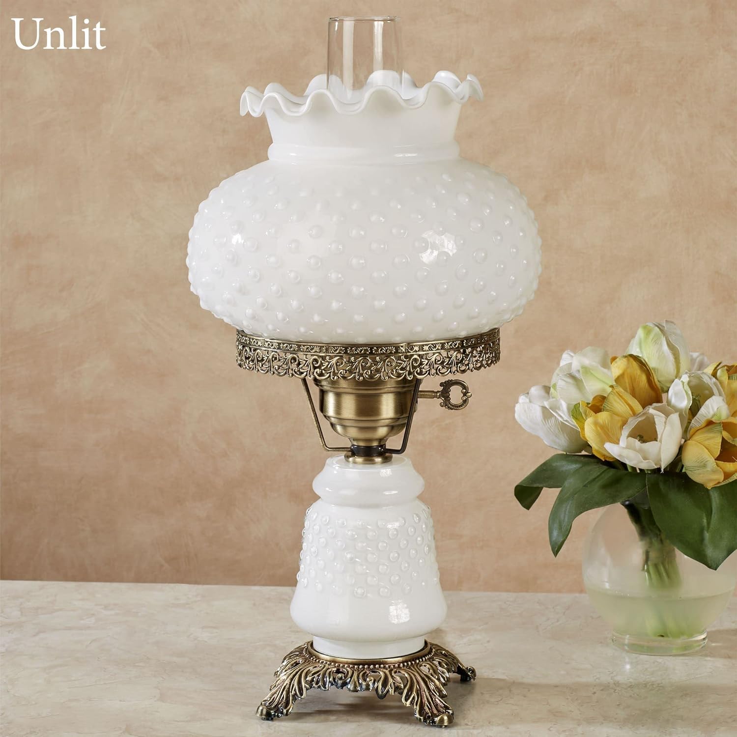 Touch of Class Mindy Hobnail Glass Table Lamp - White Shade - Handcrafted Globe - Blown by Hand - Hurricane Chimney Style - Victorian Lamps for Desk, Bedroom, Living Room