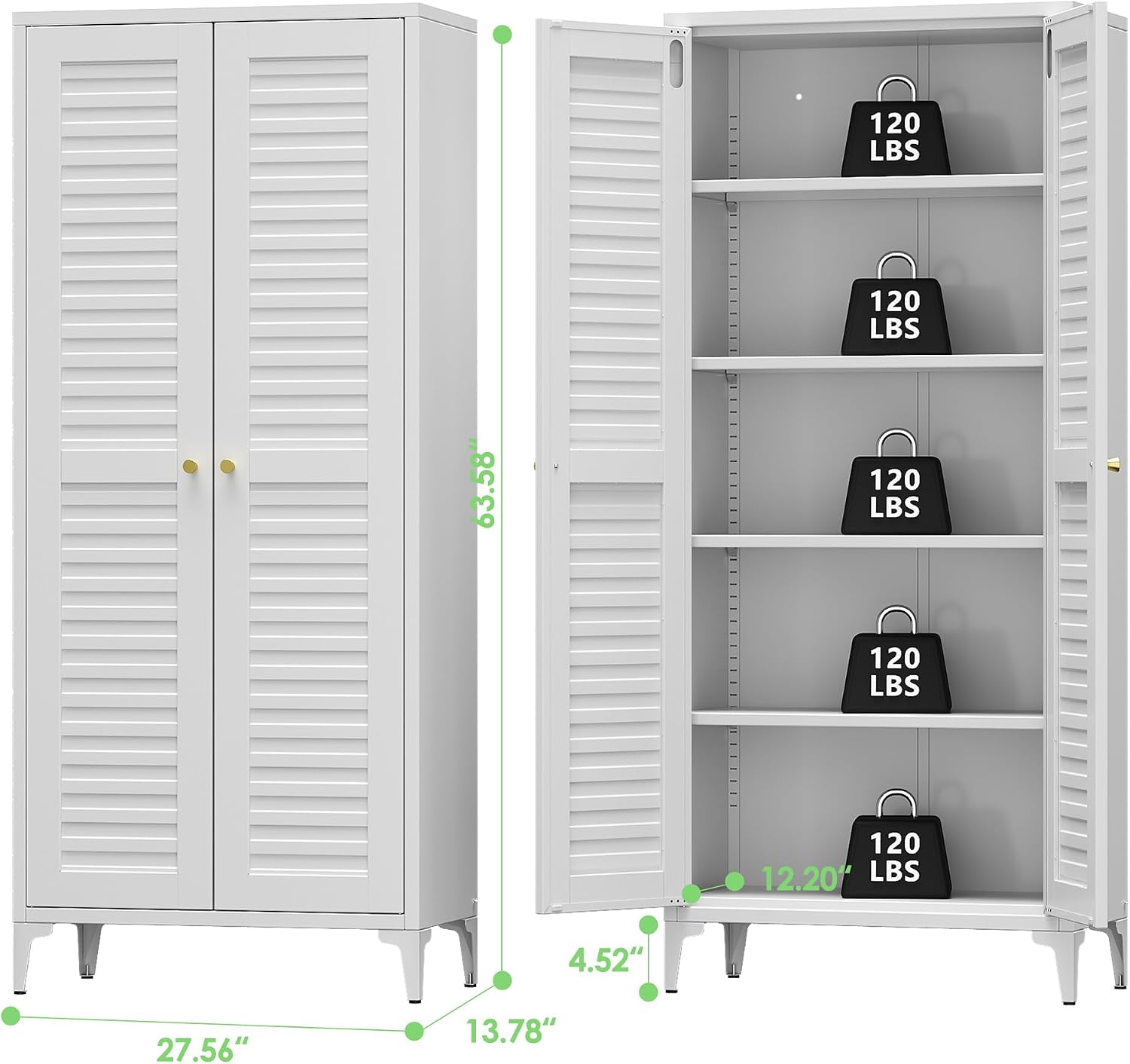 Metal Storage Cabinet with 2 Doors and 4 Adjustable Shelves, Metal Pantry Cabinet for Kitchen Living Room, Required Assembly, White,13.78' D x 27.56' W x 63.58' H