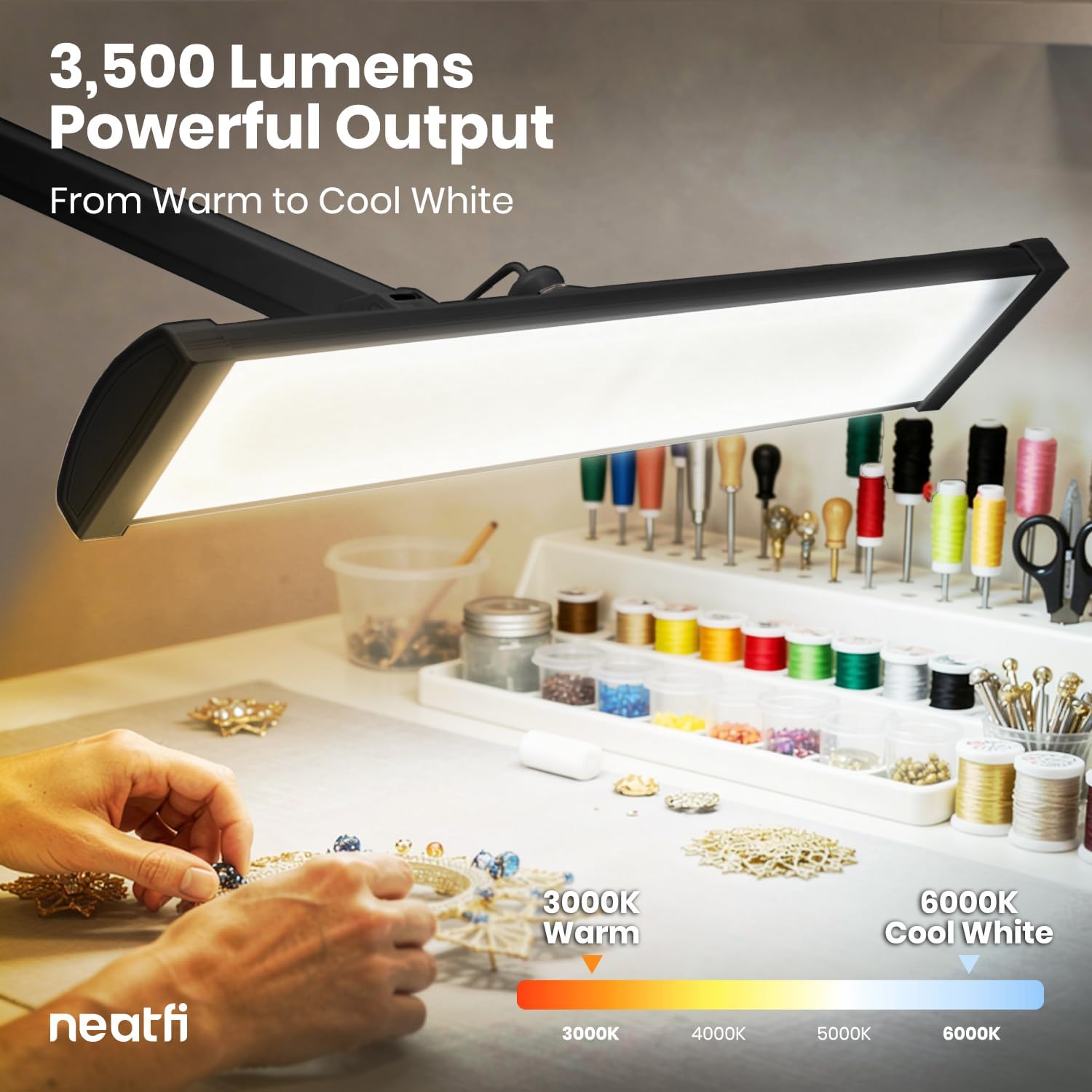 Neatfi 3,500 Lumens LED Desk Lamp – 45W Dimmable Task Light | Adjustable Color Temperature | 3 Light Modes | 540 SMD LEDs | Reading, Craft, Workbench & Office (Black-CCT, 26-Inch Wide Shade)
