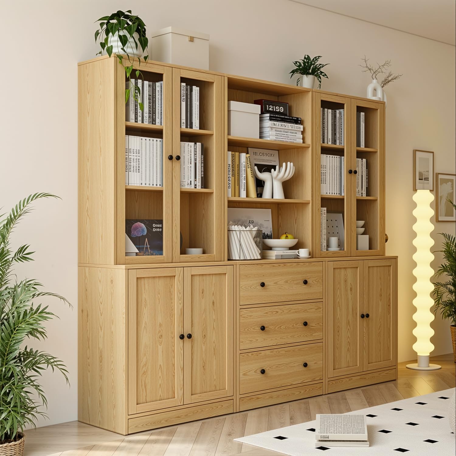 TUSY 71' H Bookshelf with Storage, 6-Tier Modern Bookshelves with 3 Large Drawer, Display Bookcase with Glass Doors, Modern 5-Tier Curio Cabinet for Home Office, Dining Room (Wood, ABA)