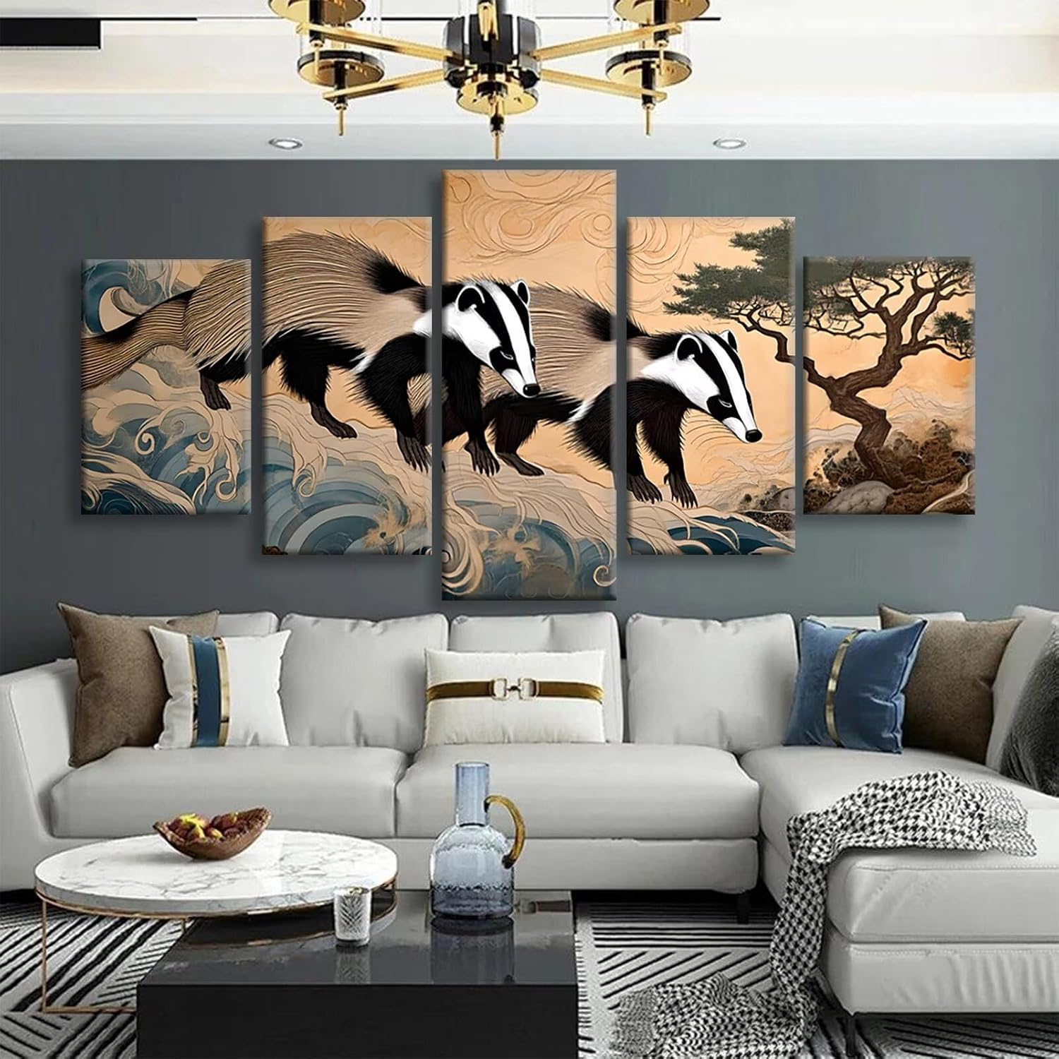 Landscape Diamond Art 5 Piece Diamond Painting Weasel 5D DIY Full Round Drill Dimond Art Paintings Crystal Crafts for Adults Gem Painting for Home Decor, Large Artwork for Wall 44 x 90 Inch, Model435