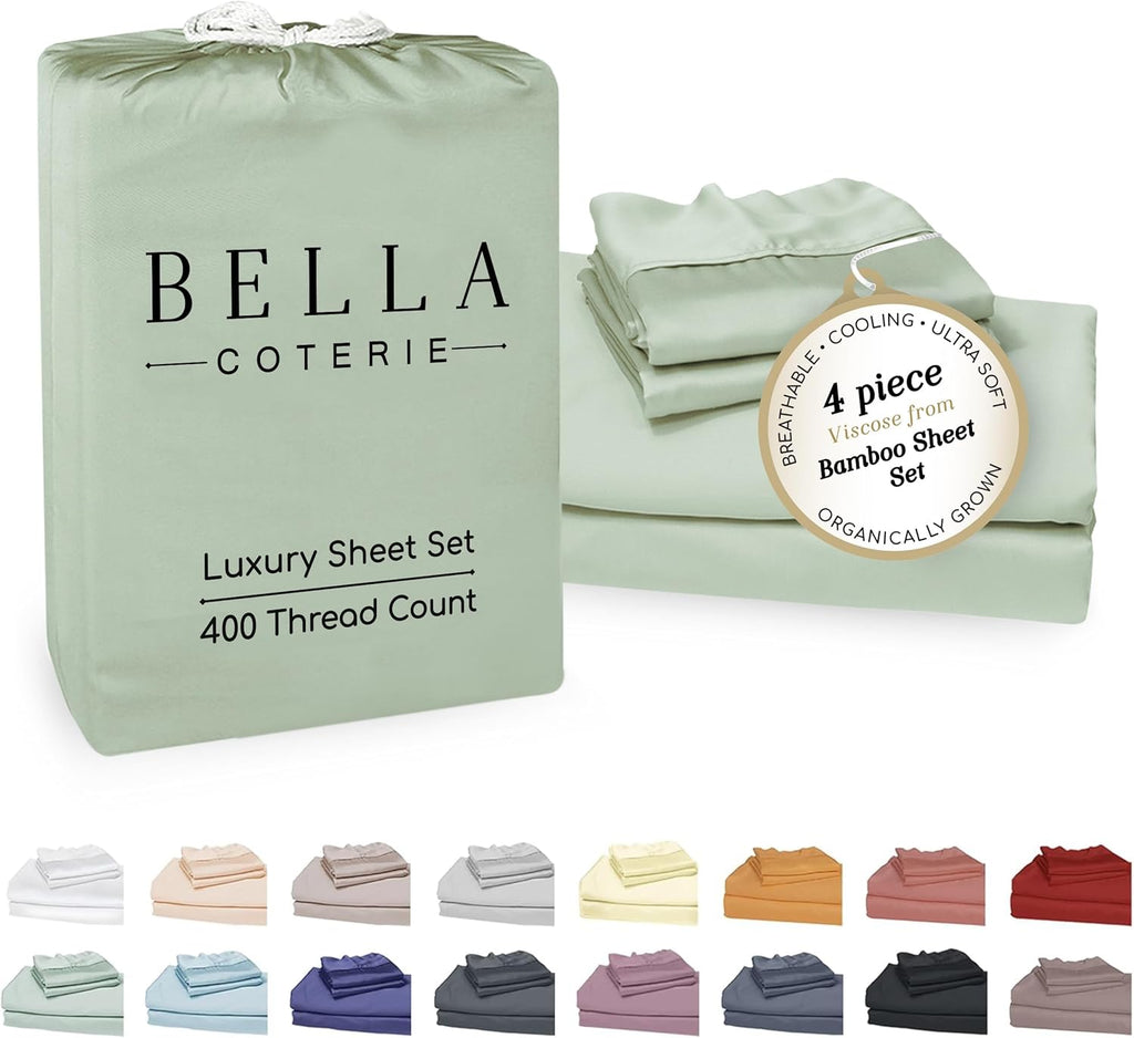 Bella Coterie Luxury Bamboo Viscose Queen Size Sheet Set | 100% Organically Grown | Ultra Soft | Cooling for Hot Sleepers | 18' Deep Pocket [Sea Glass]