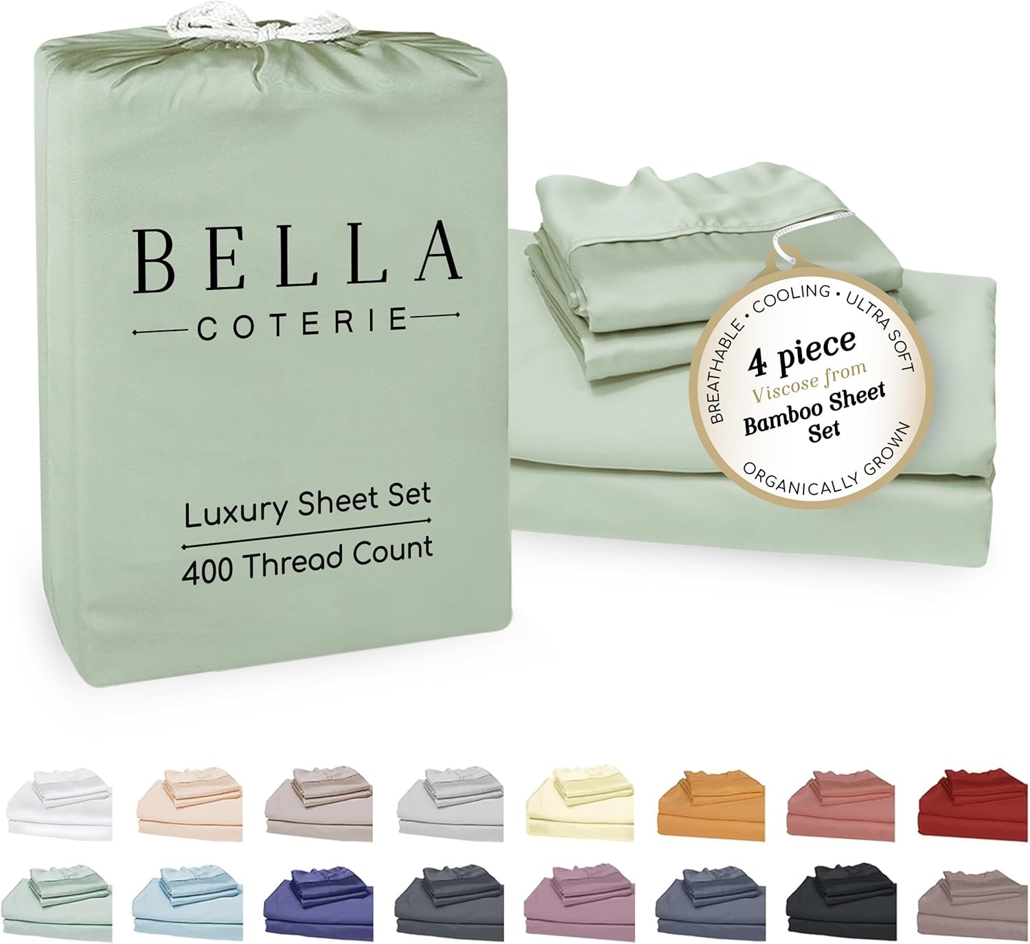 Bella Coterie Luxury Bamboo Viscose Queen Size Sheet Set | 100% Organically Grown | Ultra Soft | Cooling for Hot Sleepers | 18' Deep Pocket [Sea Glass]