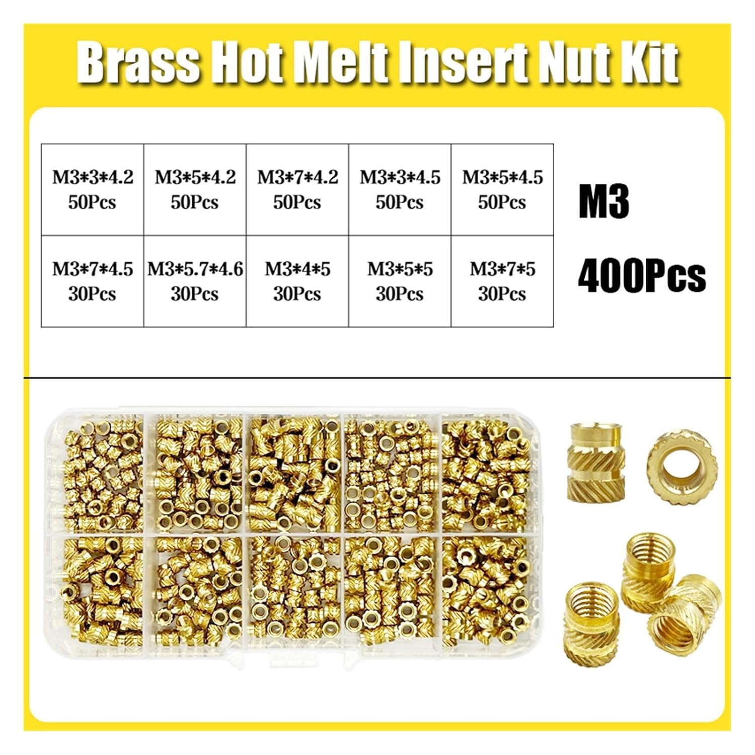 Brass Threaded Inserts, M2 M2.5 M3 M4 M5 M6 M8 Hot Melt Heat Knurled Embed Injection Copper Insertnut(1240pcs M3m4)