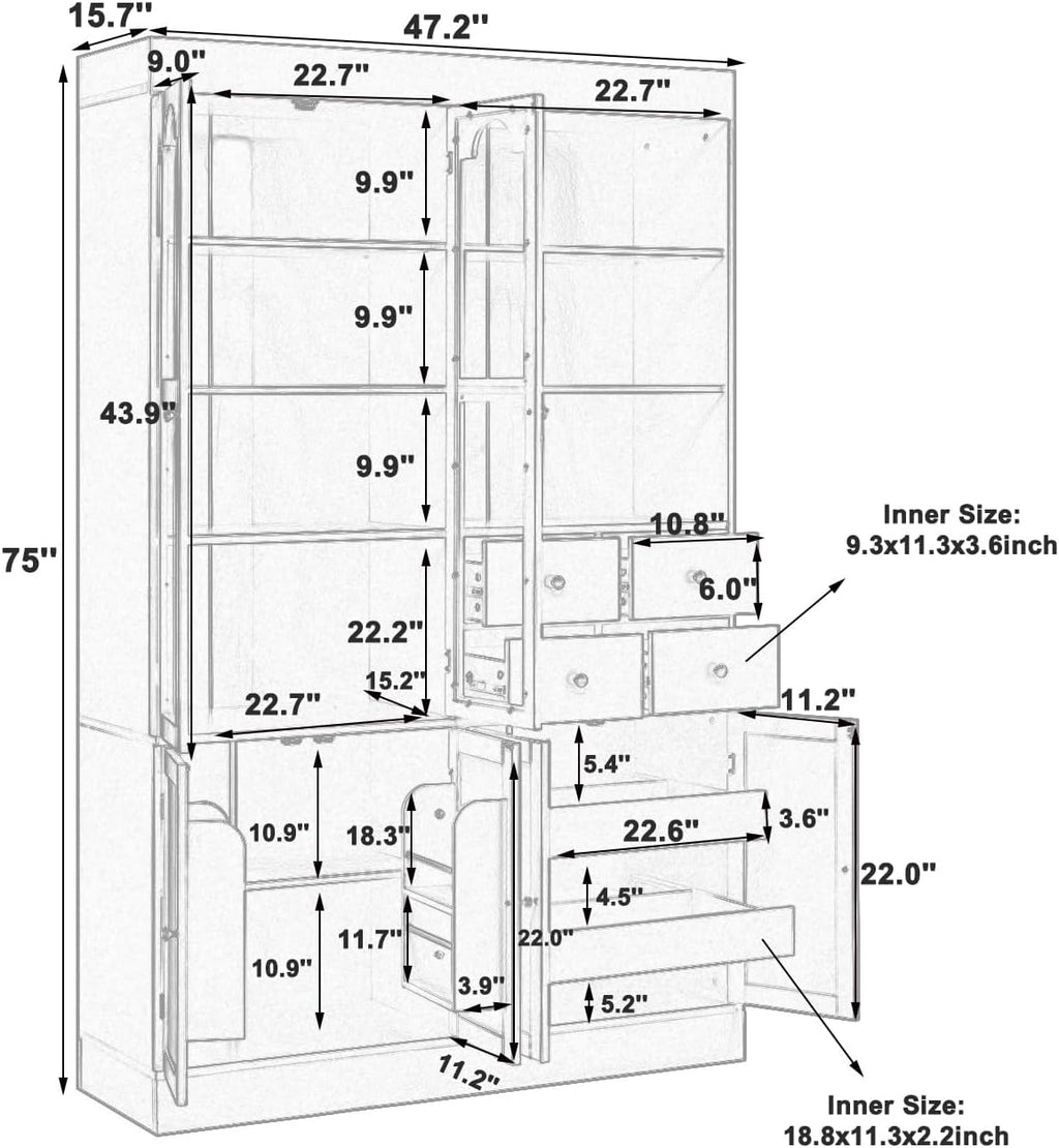 Modern 75inch Tall Kitchen Pantry Storage Cabinet with 4 Drawers, Freestanding Buffet Cabinet with Door Shelves and Pull-Out Trays for Dining Room, Living Room (White/32r)