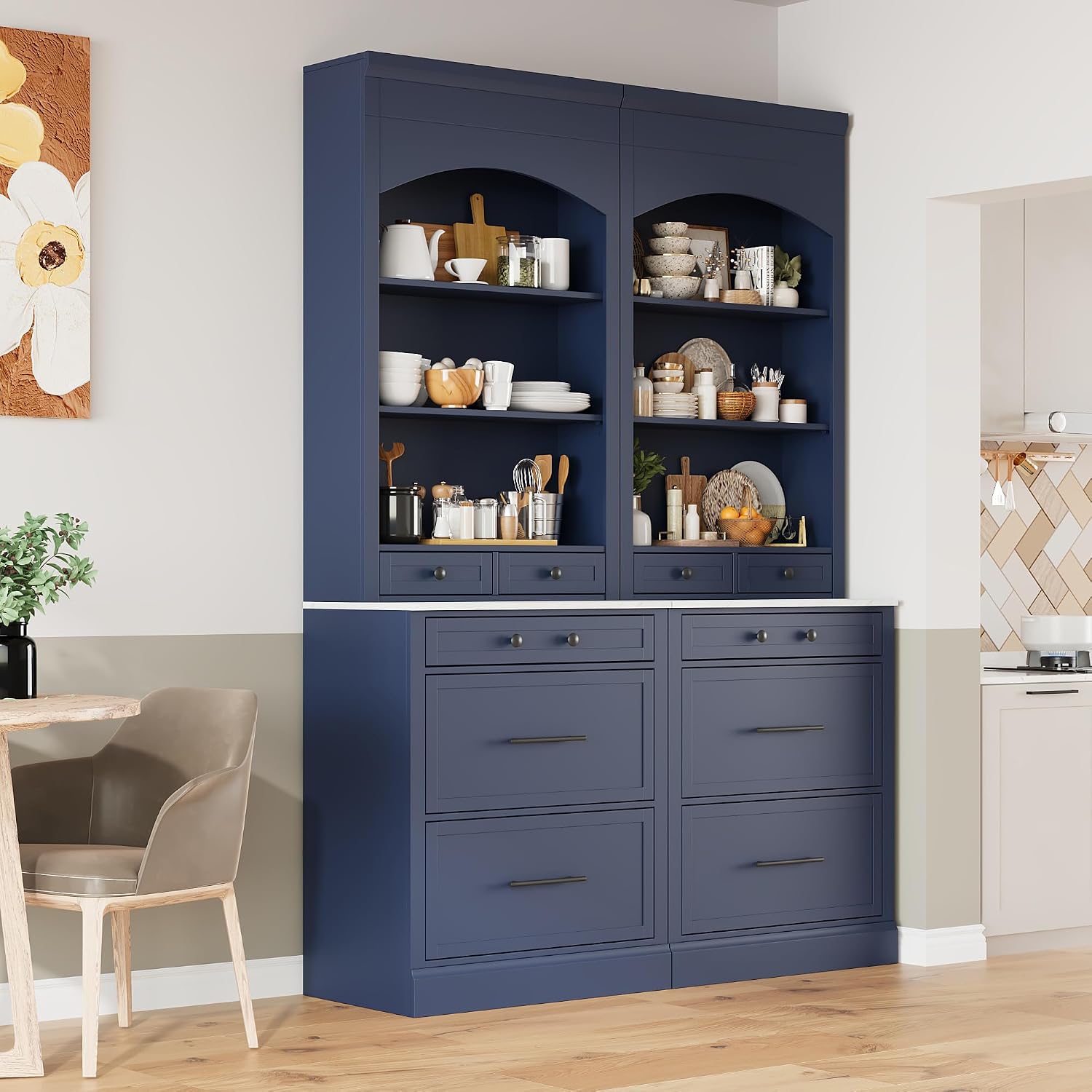 Modern 83.7inch High Kitchen Pantry, Freestanding Tall Kitchen Hutch with Faux Marble Top, Cupboard Cabinet with 5 Storage Drawers and Adjustable Shelf, Wood Storage Cabinet, Set of 2