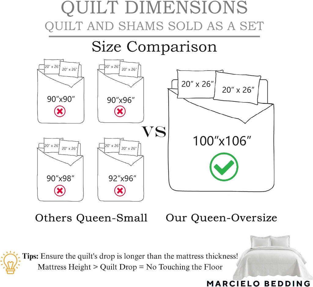 MarCielo 3-Piece 100% Cotton Oversized Bedspread Lightweight Quilt Coverlet Embroidery Farmhouse Bedding Set T0 (Bright White, Oversized Queen (100'x106'))