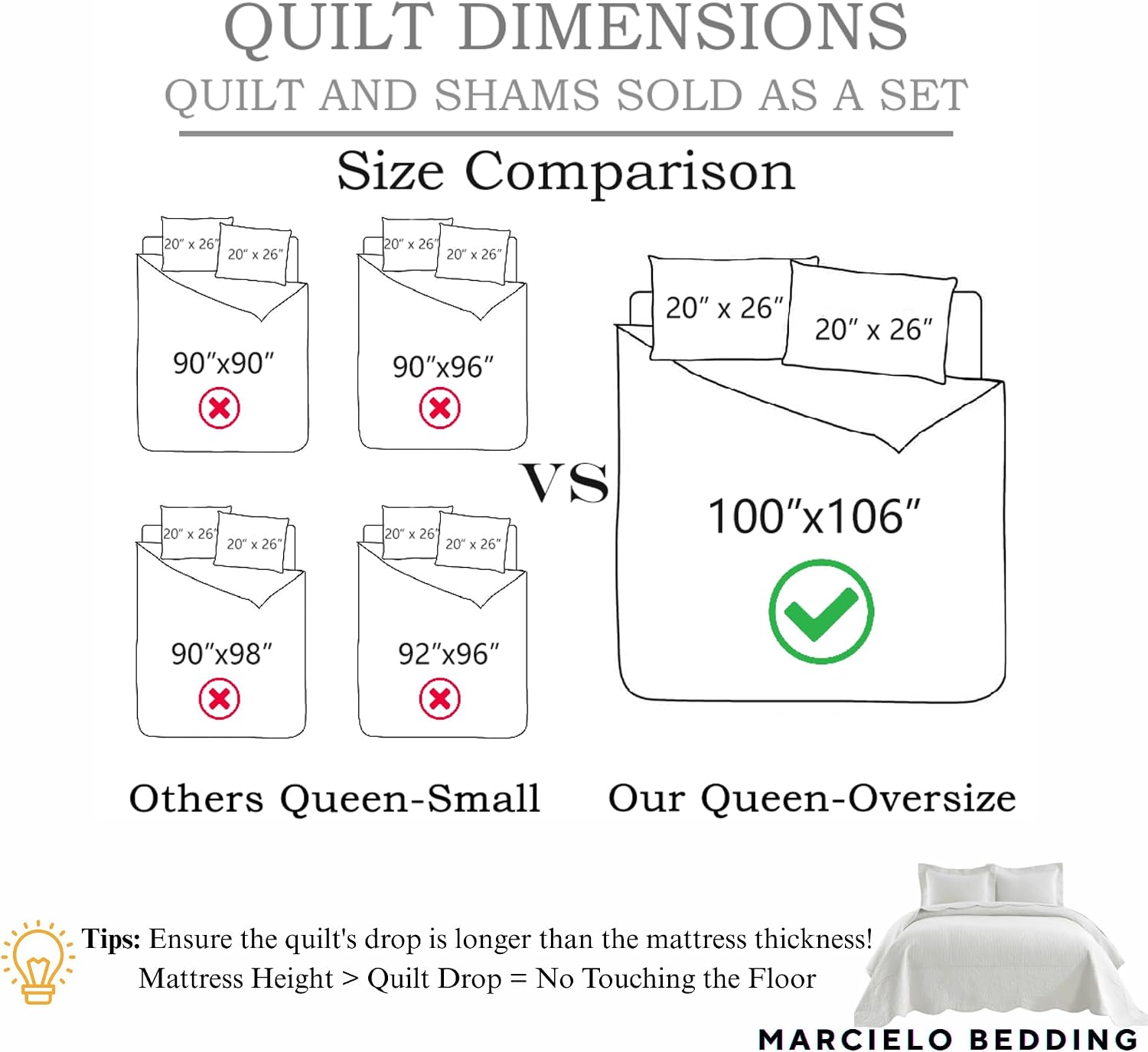 MarCielo 3-Piece 100% Cotton Oversized Bedspread Lightweight Quilt Coverlet Embroidery Farmhouse Bedding Set T0 (Bright White, Oversized Queen (100'x106'))