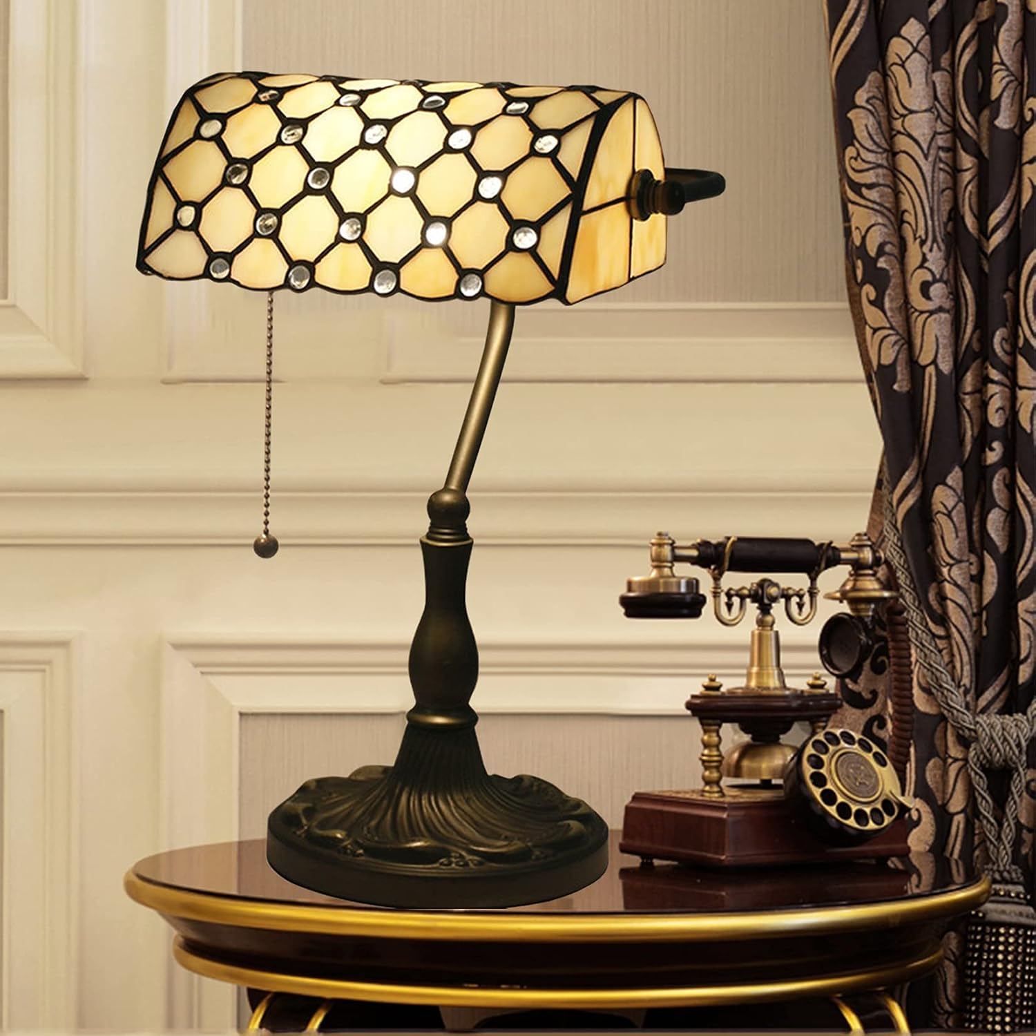 Tiffany Style Bankers Table Lamp Stained Glass Piano Desk Lamp Vintage Bedroom Bedside Lamp for Study,Antique Alloy Base,Zipper Switch,Beige