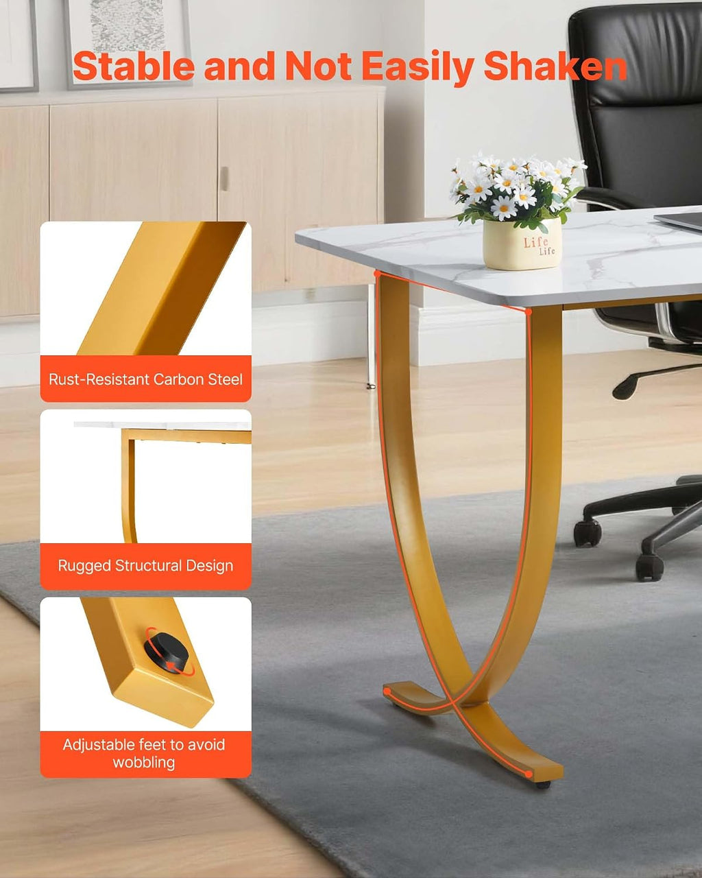 VEVOR Executive Desk, 63' W x 31.5' D Large Office Desk, Modern Computer Table Conference Meeting Room Table, Business Furniture Enlarged Desktop for Home Office, White and Gold