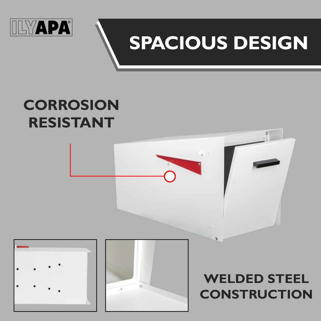Ilyapa Modern Mailbox with Angle Design Post Mount - White Powder Coated Metal Mailbox - Waterproof for Curbside Parcels, with Magnetic Close Door
