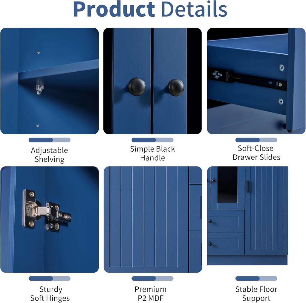 Modern Large Kitchen Pantry with 6 Doors, 53.2''Lx17.7''W Wood Storage Cabinet Cupboard with Drawers, Adjustable Shelves, Pull-Out Trays and Wine Rack for Dining Room (Blue-4.19)