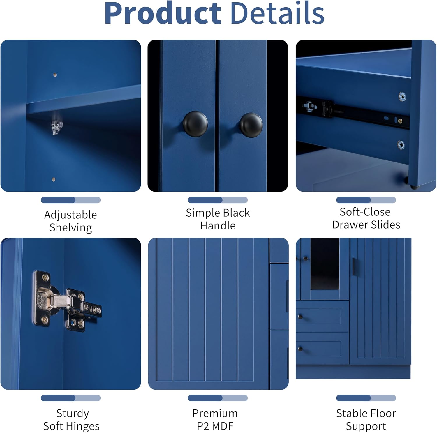 Modern Large Kitchen Pantry with 6 Doors, 53.2''Lx17.7''W Wood Storage Cabinet Cupboard with Drawers, Adjustable Shelves, Pull-Out Trays and Wine Rack for Dining Room (Blue-4.19)