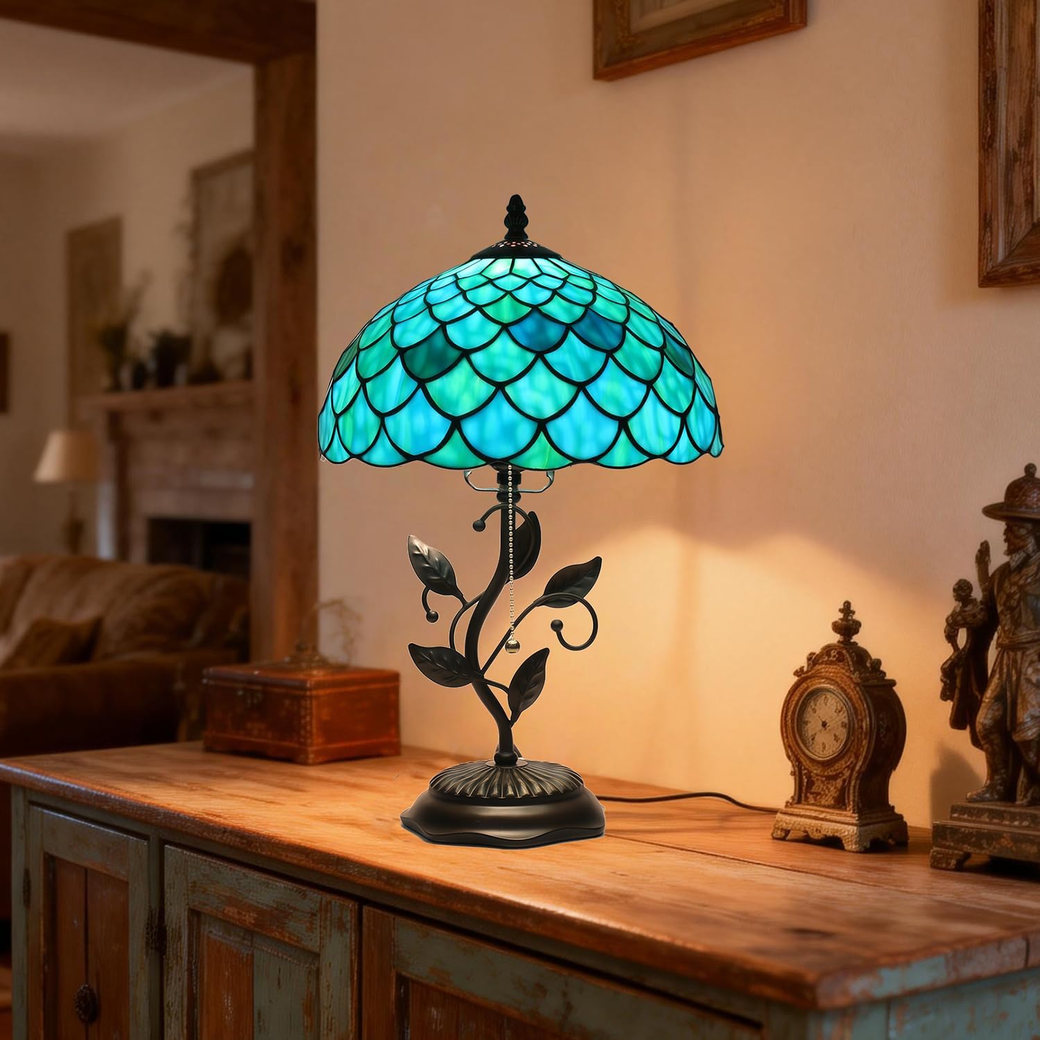 Tiffany Table Lamp, Stained Glass Blue Green Fish Scale Style, Metal Leaf Base Decor Lamp, 12x12x19 Inch for Bedroom, Living Room, Home, Office