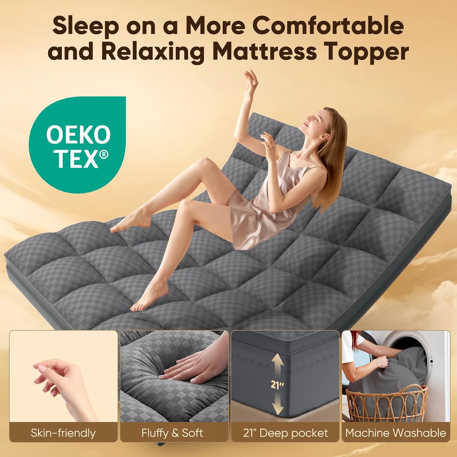 Twin XL Mattress Topper, 4.5 Inch Memory Foam Mattress Topper for Back Pain - 2.5' Cooling Memory Foam Soft and Supportive + 2' Pillow Top Mattress Pad Cover, with 8-21' Deep Pocket, Dark Gray