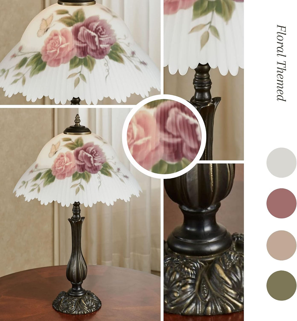 Touch of Class Brinley Floral Table Lamp - Bronze - Old Fashioned Desk Lamp for Bedroom, Living Room, Office - Painted by Hand Ruffled Glass Lampshade - Victorian Style Aesthetic