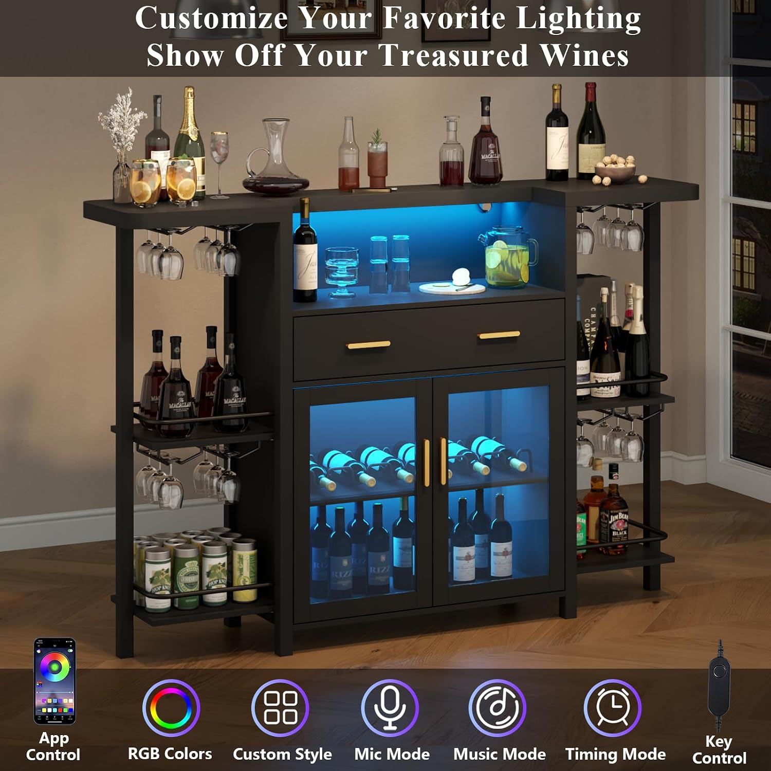 Loomie Bar Table Cabinet with LED Lights & Drawer, 8-Tier Wine Bar Cabinet with Wine Rack & Stemware Holder, Home Bar Unit Liquor Cabinets with Glass Door, Crescent Shaped Counter for Home Pub (Black)