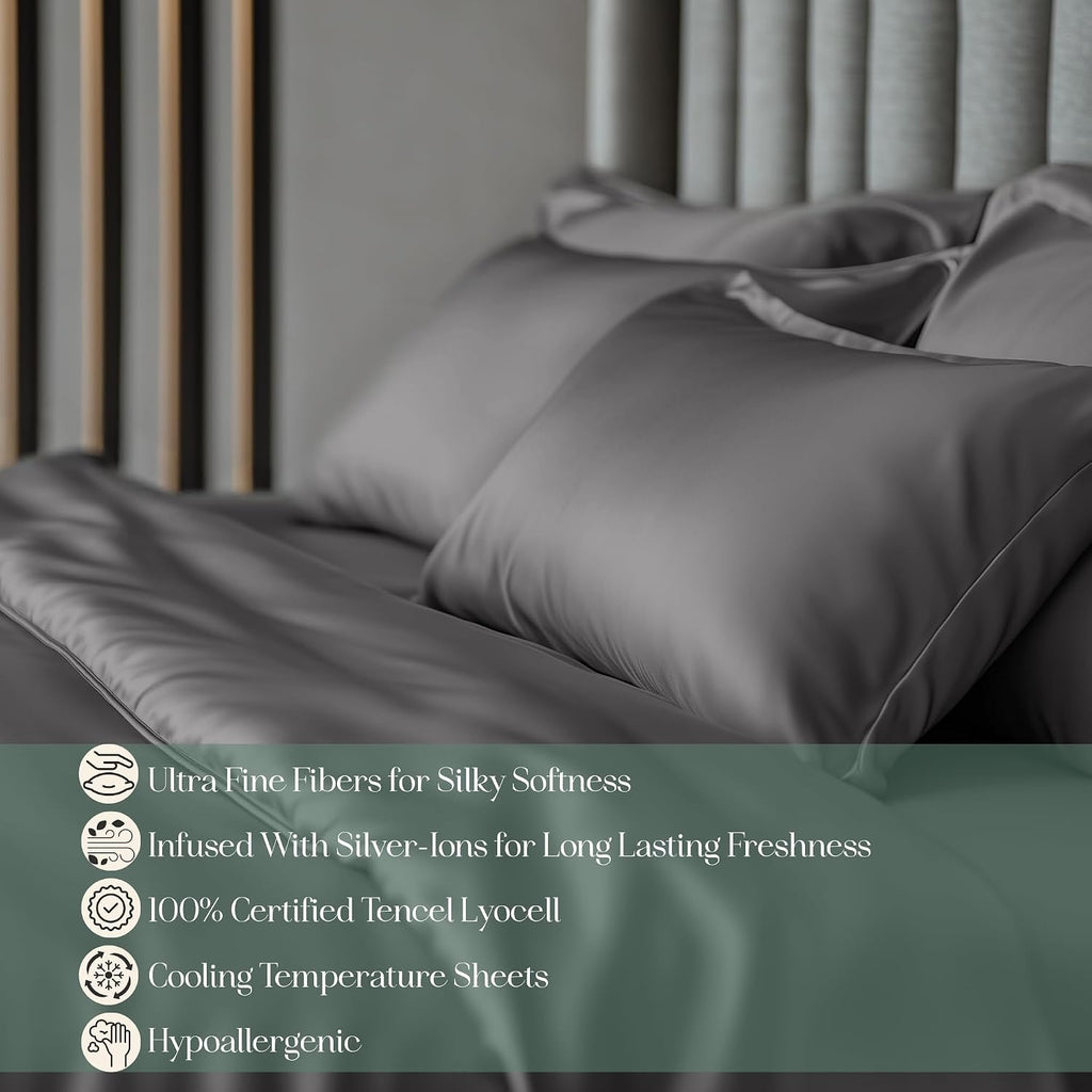 CASILVA Eucalyptus Sheets - Infused with Silver for Anti-Odor, Softer Than Silk Fibers, More Cooling Than Cotton - Perfect for Hot Sleepers & Sensitive Skin - 100% Tencel Lyocell - Queen Sheet Set
