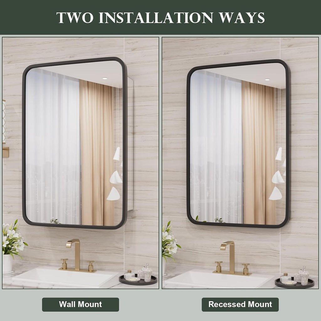 WallBeyond WallByond Bathroom Medicine Cabinet with Mirror, 16x24 Inch Black Recessed Medicine Cabinet with Round Corner Aluminum Alloy Metal Framed, Single Door Modern MedicineMabinet with Storage