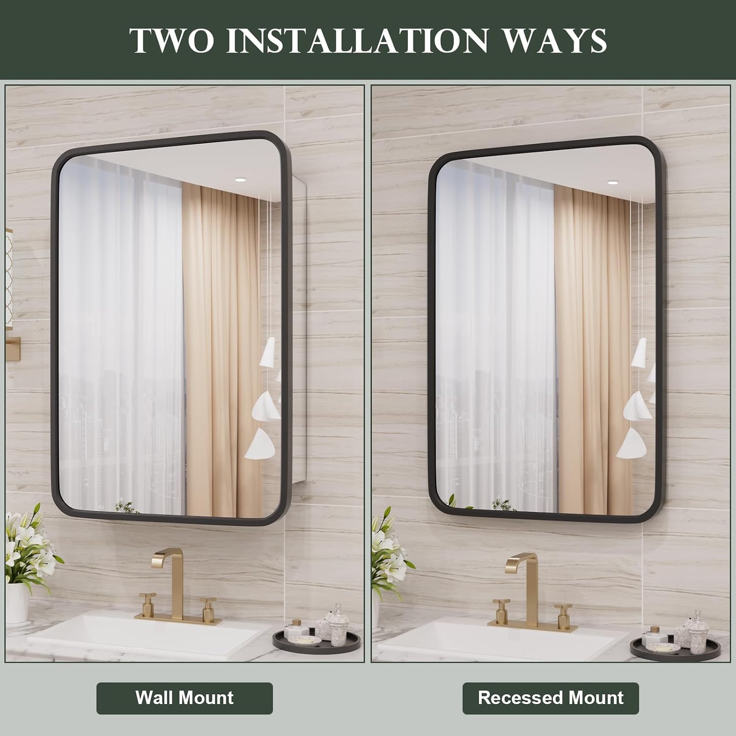 WallBeyond WallByond Bathroom Medicine Cabinet with Mirror, 16x24 Inch Black Recessed Medicine Cabinet with Round Corner Aluminum Alloy Metal Framed, Single Door Modern MedicineMabinet with Storage