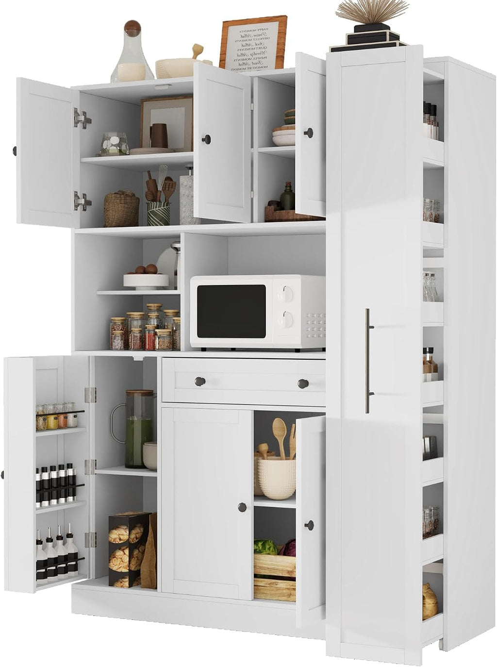 Modern 70inch Kitchen Pantry Storage Cabinet Cupboard with Hutch, Freestanding Buffet with Pull-Out Side Cabinet and Drawer for Living Room, Kitchen (White-99a)