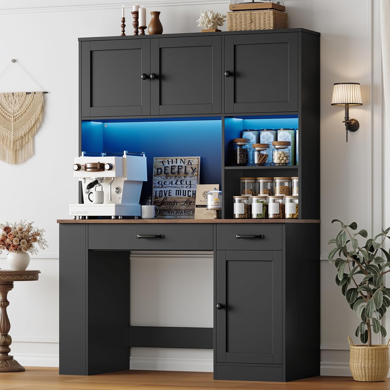Keyluv 71' Tall Computer Desk with Hutch Cabinet, Home Office Desk with Storage Drawers Shelves and Side Rack, Wood Executive Desk with Doors, Outlet Station and Smart LED Lights, Black