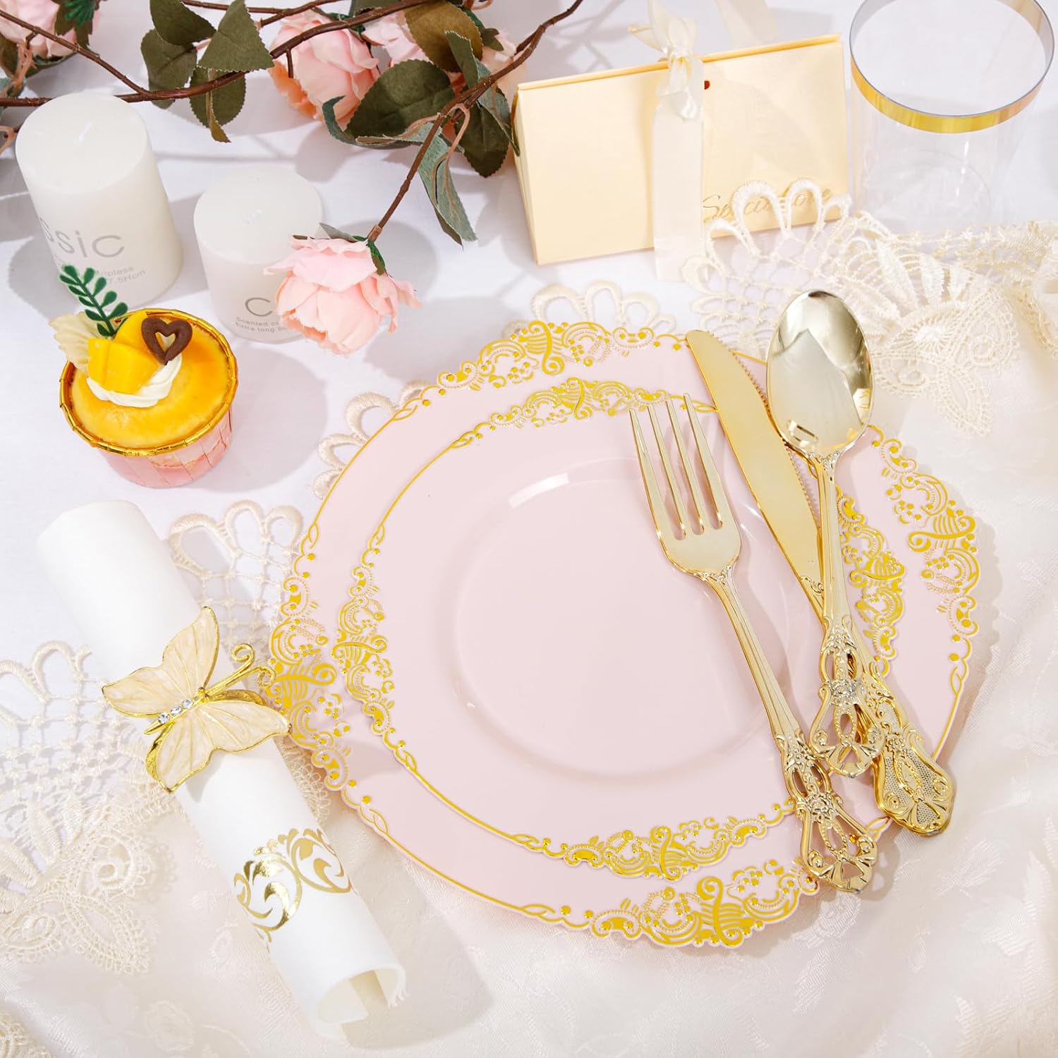 YOUBET 700PCS Pink Plastic Plates - Pink and Gold Plates - Luxury Pinks Dinnerware Set Include 200 Disposable Plates, 300 Heavy Duty Silverware, 100 Cups, 100 Napkins for Wedding Party