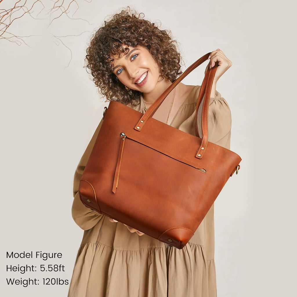 S-ZONE Vintage Genuine Leather Shoulder Bag Work Totes for Women Purse Handbag with Back Zipper Pocket Large