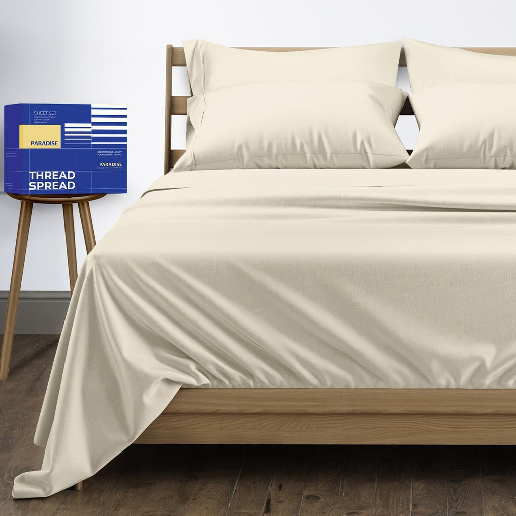 THREAD SPREAD Queen Sheet Set, Luxury 1000 Series Paradise Collection 100% Egyptian Cotton Bed Sheets Queen Size (6 PC, Ivory), Silky Soft, Cooling, Sateen Weave, 16' Deep Pocket Hotel Sheet Set