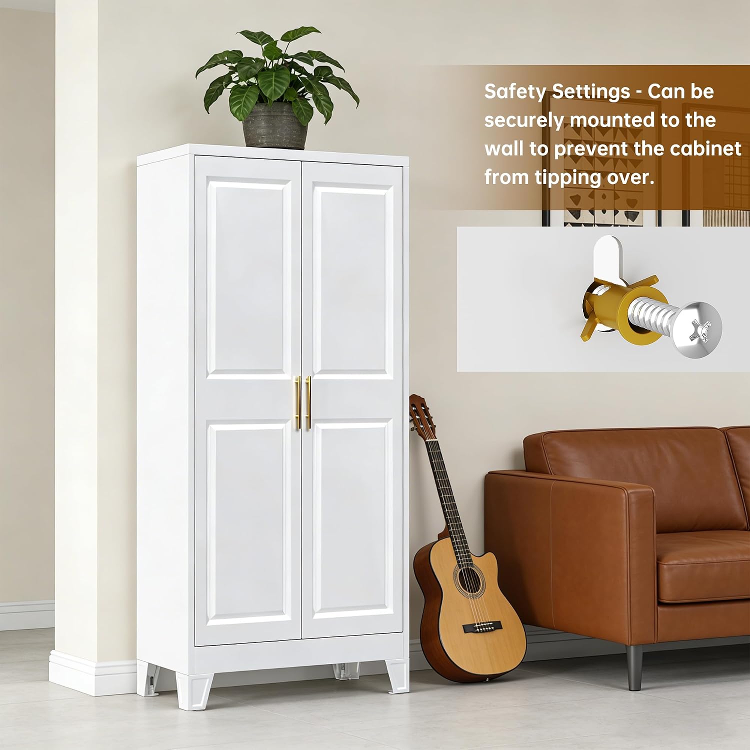 61.4' H Metal Pantry Cabinet with 4 Adjustable Shelves, White Kitchen Pantry Cabinet with 2 Doors, Freestanding Food Cabinet for Kitchen,Home,Required Assembly