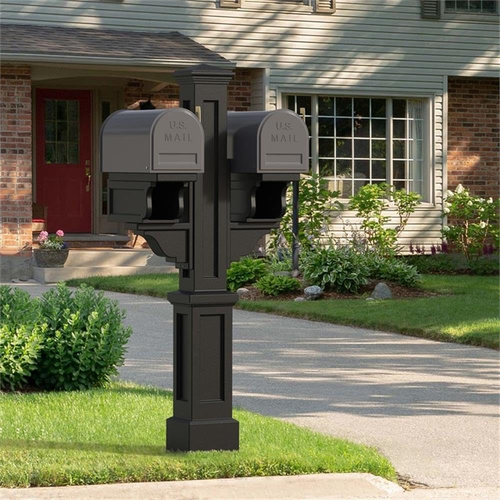 Pemberly Row Double Mail Post, 56.5' H Polyethylene Resin, Black Finish, Weatherproof Design with 2 Mailbox Arms and Newspaper Holder, Decorative Style for Residential or Commercial Use