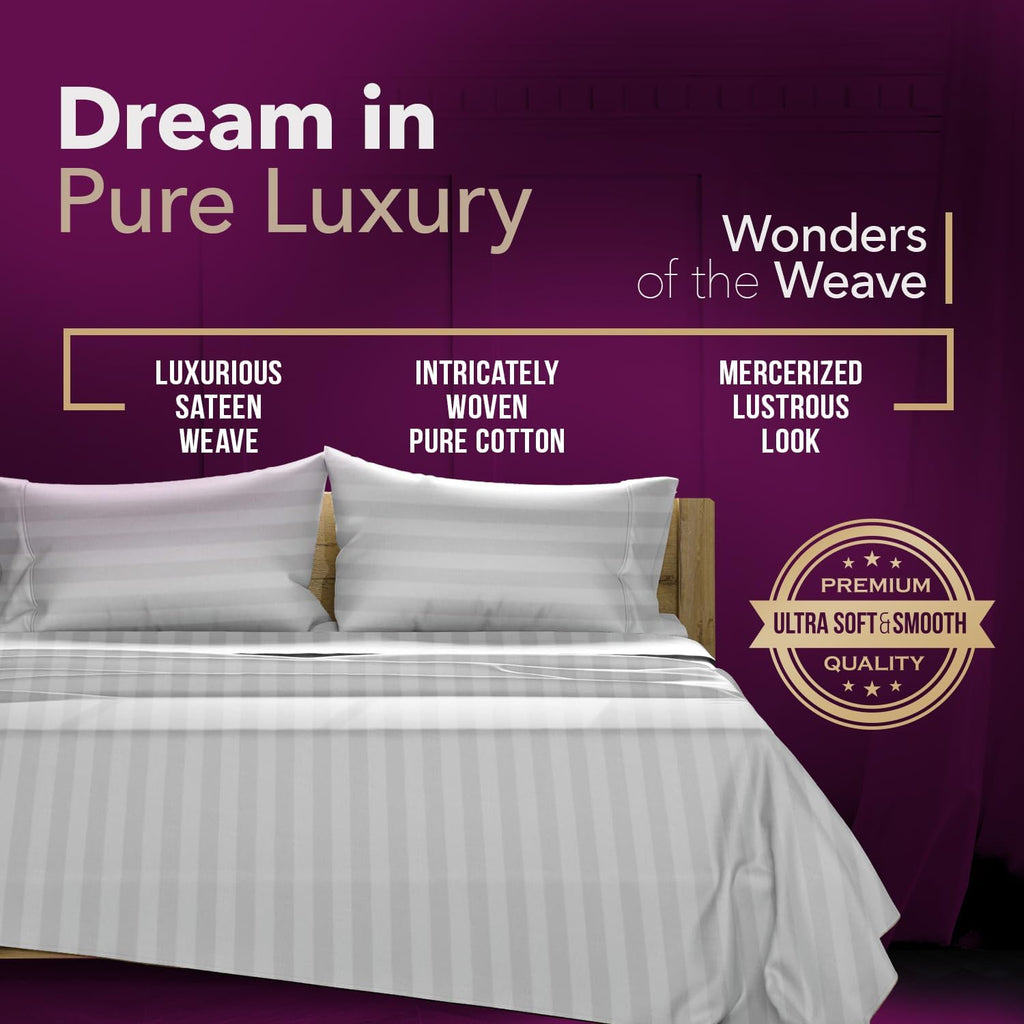 TEXAS LINEN CO. 100% Egyptian Cotton Queen Sheets Set - Luxury 1200 Series Star Sleepin' Damask Egyptian Cotton Sheets Queen Size (4 PC, Silver Stripe), 17' Deep Pocket, Cooling Sateen Hotel Bedding