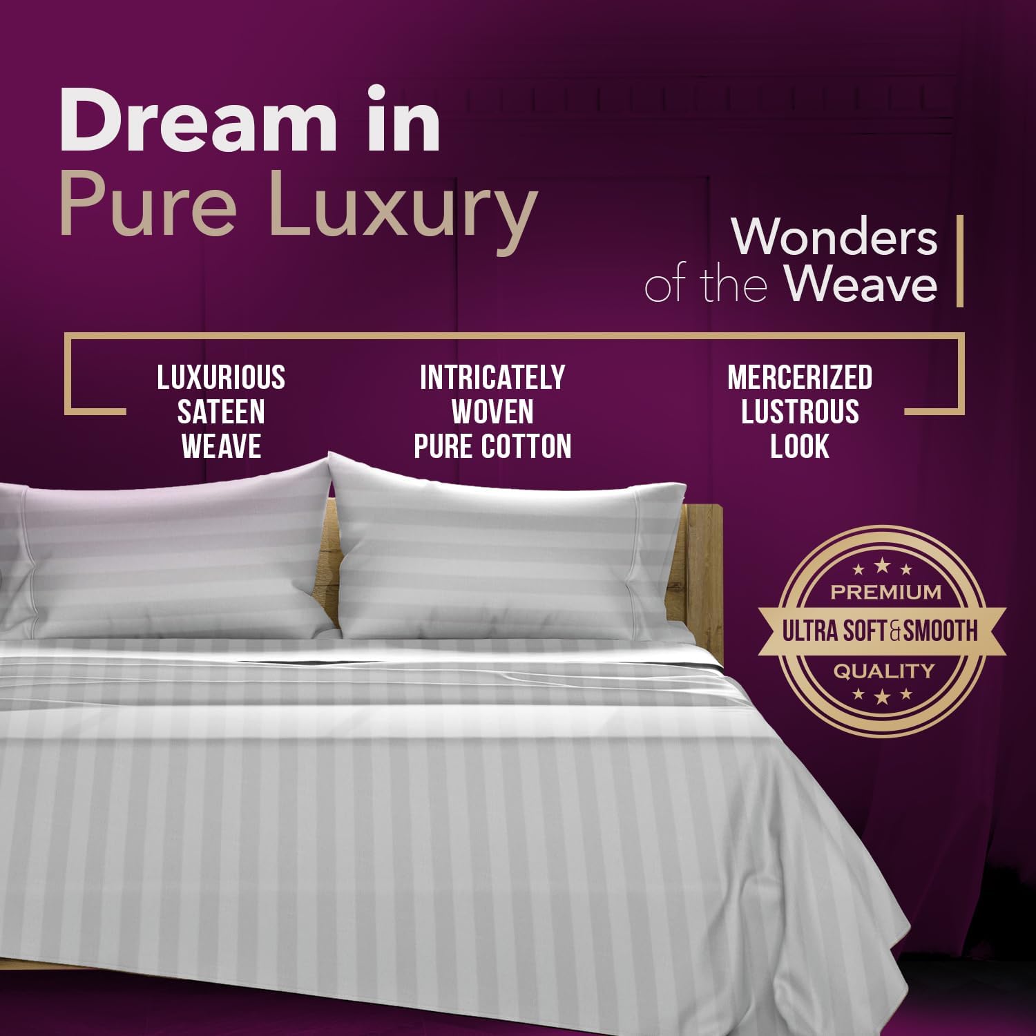 TEXAS LINEN CO. 100% Egyptian Cotton Queen Sheets Set - Luxury 1200 Series Star Sleepin' Damask Egyptian Cotton Sheets Queen Size (4 PC, Silver Stripe), 17' Deep Pocket, Cooling Sateen Hotel Bedding