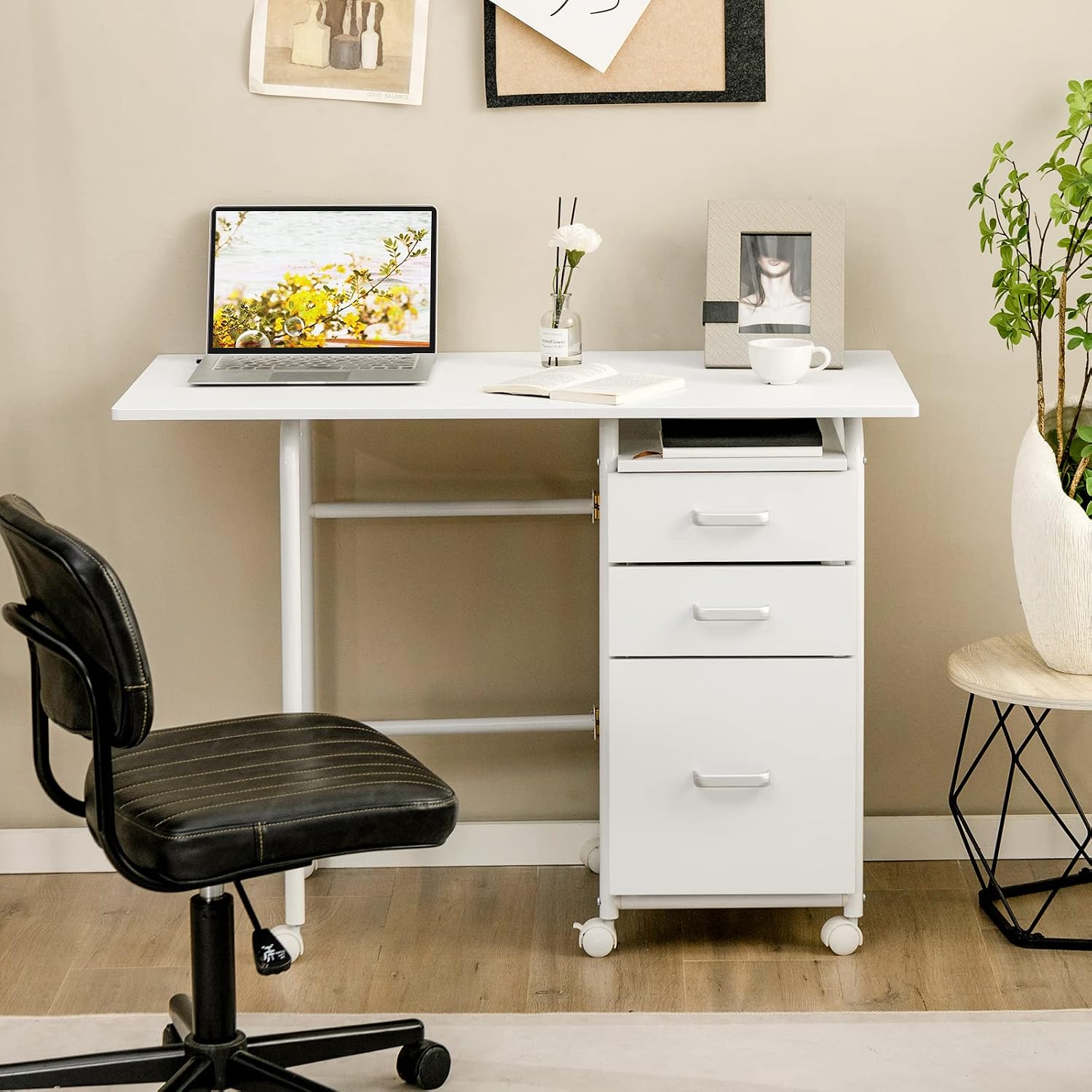 Tangkula White Folding Desk with 3 Drawers, Mobile Home Office Desk Study Writing Desk with Smooth Wheels, Space Saving Compact Table for Dorm Apartment, Rolling Couch Desk Table