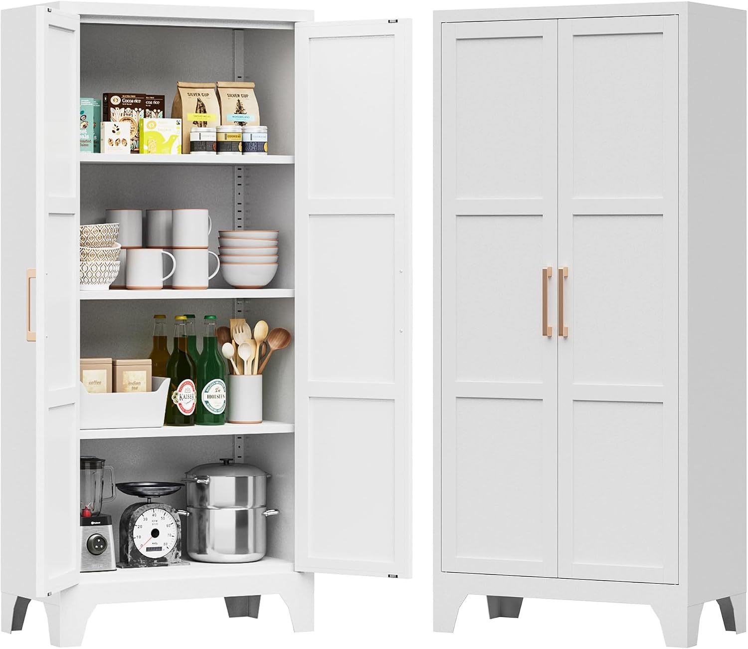 White Cabinet Metal Kitchen Pantry Storage Cabinet with Doors,61' Tall Food Storage Cabinets with Adjustable Shelves,Cupboard for Office,Dining Room and Bathroom