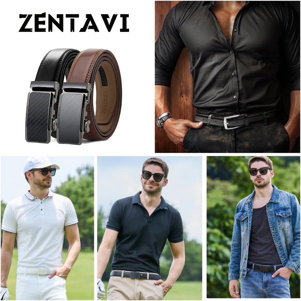 Ratchet Belt for Men, Genuine Leather Adjustable Click Dress Belt with Slide Buckle, Trim to Fit, Gift Box Included