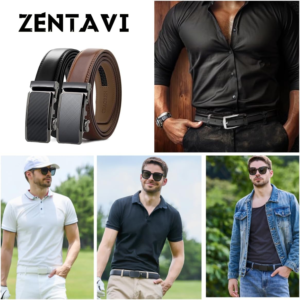 Ratchet Belt for Men, Genuine Leather Adjustable Click Dress Belt with Slide Buckle, Trim to Fit, Gift Box Included