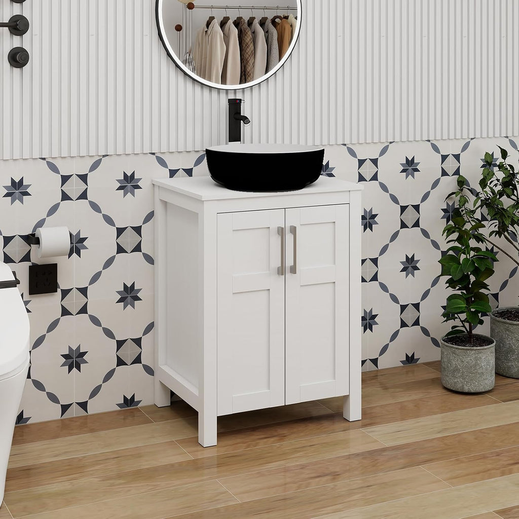 YOURLITE Bathroom Vanity with Sink, 24' White Bathroom Vanity Sink Combo with Black White Ceramic Basin Faucet & Pop Up Drain Set