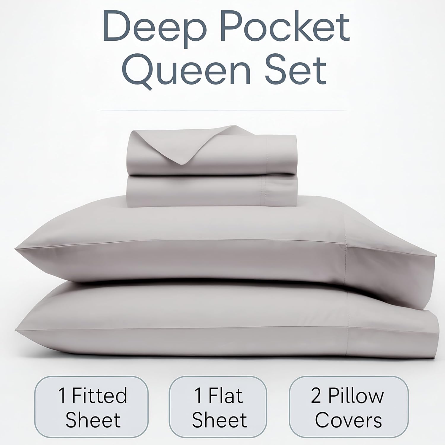 100% Egyptian Cotton Sheets Queen Size - Buttery Soft Sateen Weave - Heavyweight Luxury Hotel Bedding - 16' Deep Pocket, Lustrous 4 Pc Set - Premium Gift Box (Light Grey - Queen)