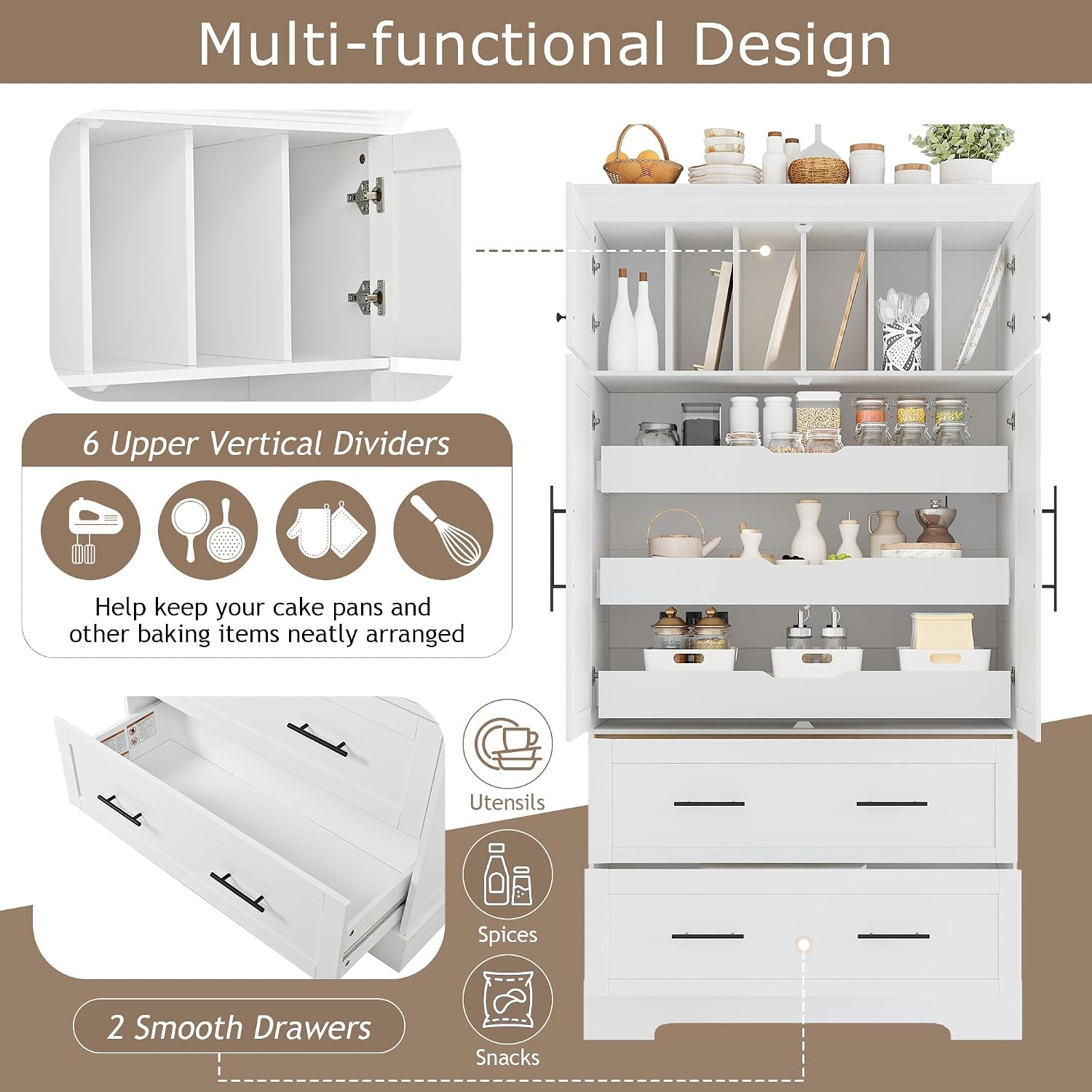 Freestanding Kitchen Pantry Storage Cabinet, 72.6''H Tall Wooden Kitchen Organizers with 2 Doors, Pull-Out Trays, 2 Drawers and Cake Pan Storage for Dining Room Living Room (White-1.12)