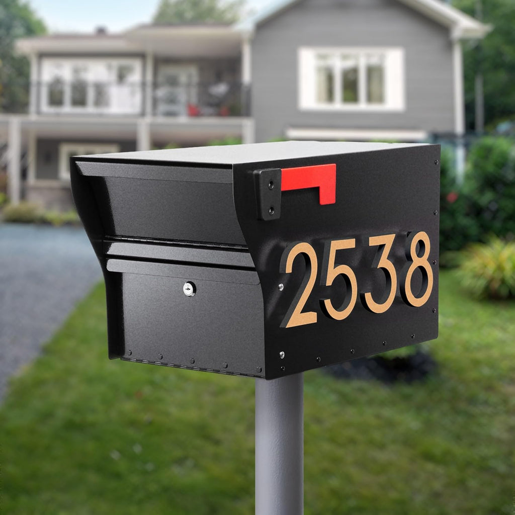 Whitehall MailVault Streetside Locking Mailbox, Personalize with Modern Stand-Off Address Numbers Package – Steel, Secure Weather Resistant Modern Square Mailbox (Black/Gold)