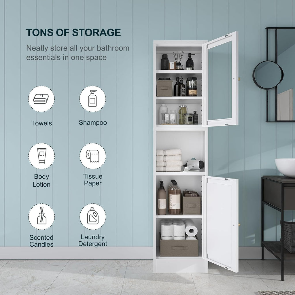 Bevivog Tall Bathroom Storage Cabinets,Slim Metal Cabinet with Open Shelf, Glass Display Door Freestanding Narrow Storage Organizers for Small Spaces,White Skinny Cabinets for Pantry,Living Room