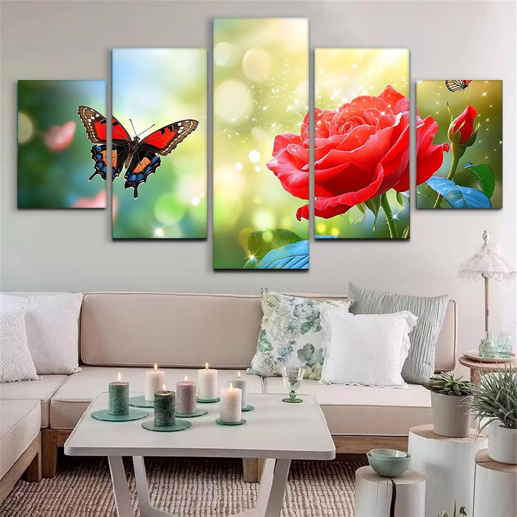 Butterfly Diamond Art 5 Piece Diamond Painting Dream 5D DIY Full Square Drill Dimond Art Paintings Crystal Crafts for Adults Gem Painting for Home Decor, Large Artwork for Wall 36 x 70 Inch, Model354