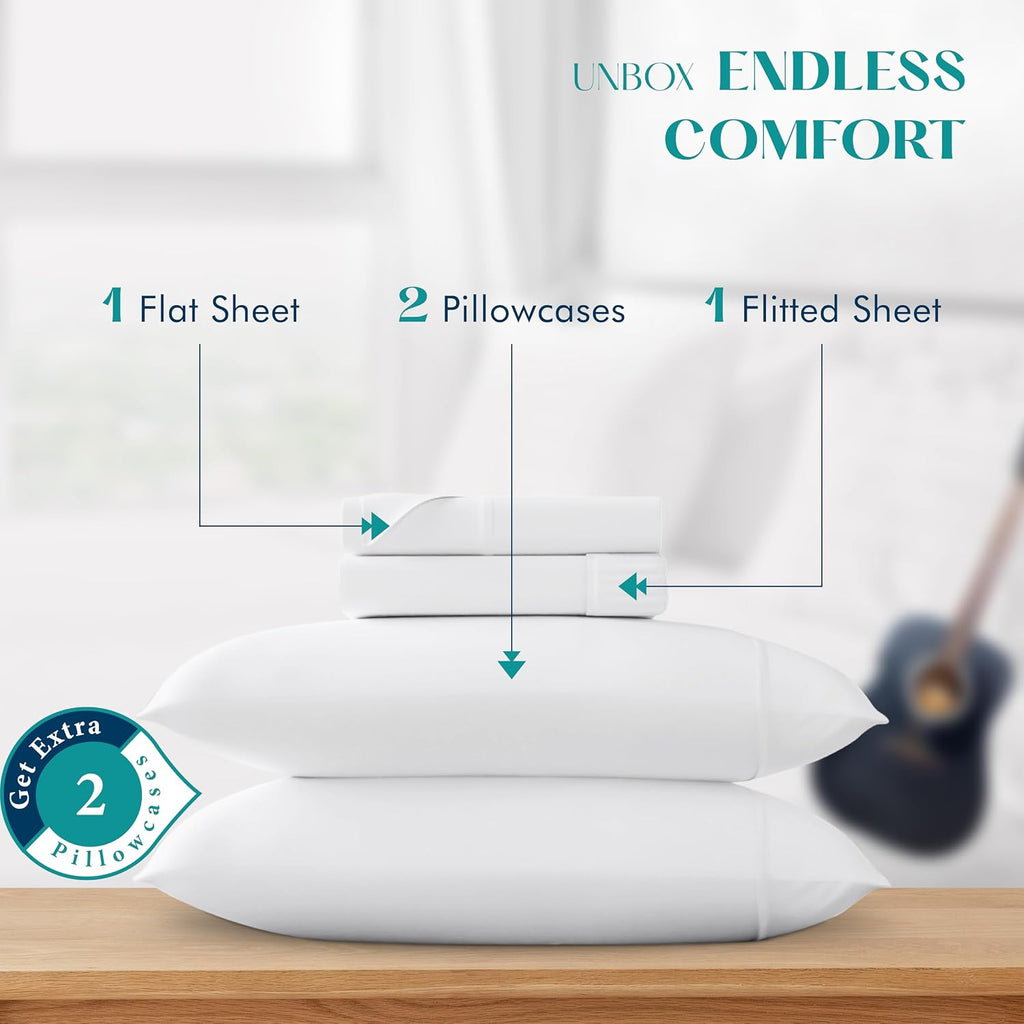 XOOX Linen 100% Egyptian Cotton Sheets King Size Bed Set - 4 PC 1200 Luxury High Thread Count White Egyptian Cotton King Sheet Set, Silky Soft, Cooling, Sateen Weave, 17' Deep Pocket Bedsheet