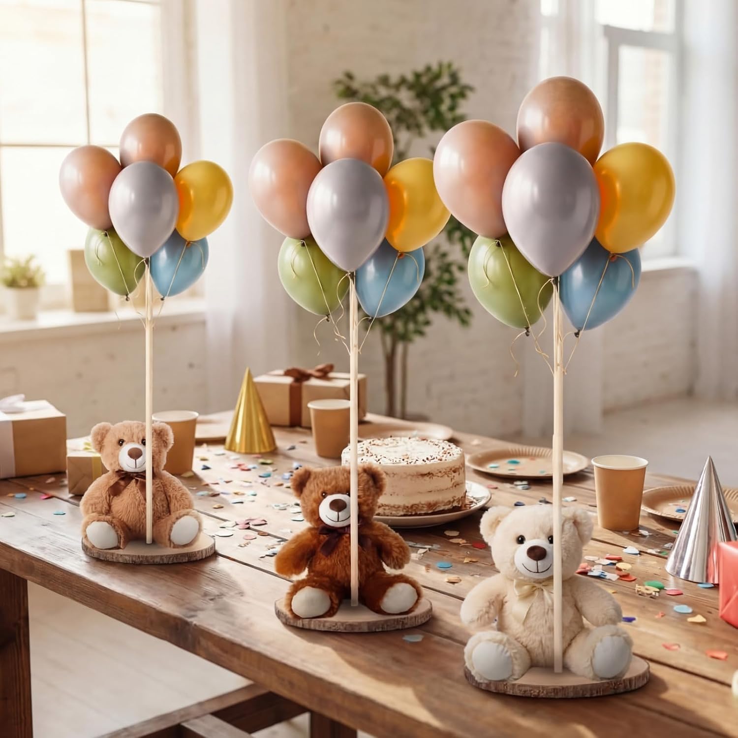 Canlierr 12 Set Bear Centerpieces for Baby Shower Decor Includes Wooden 23-26in Bear Rounds Circles Slices with Stick DIY Craft Birthday Wedding Gender Party Table Decorations, 3 Colors