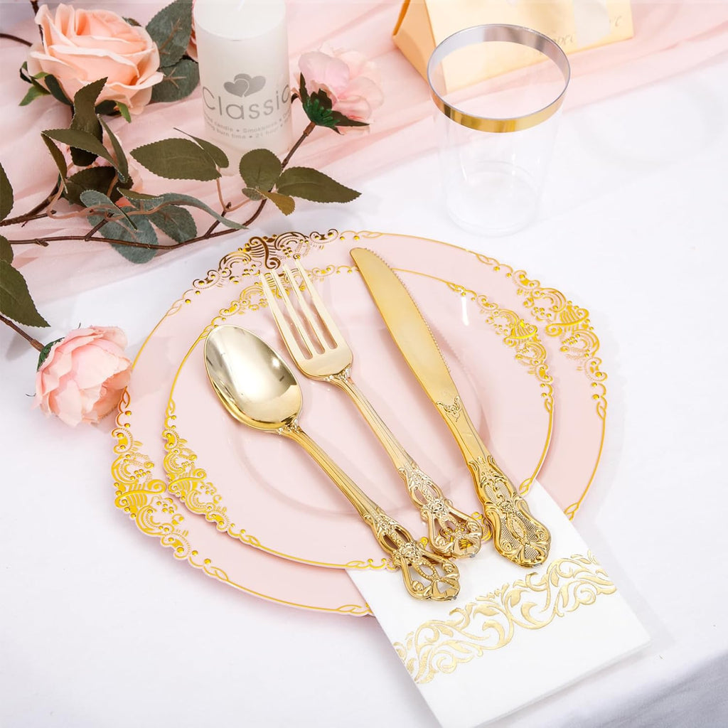 YOUBET 700PCS Pink Plastic Plates - Pink and Gold Plates - Luxury Pinks Dinnerware Set Include 200 Disposable Plates, 300 Heavy Duty Silverware, 100 Cups, 100 Napkins for Wedding Party