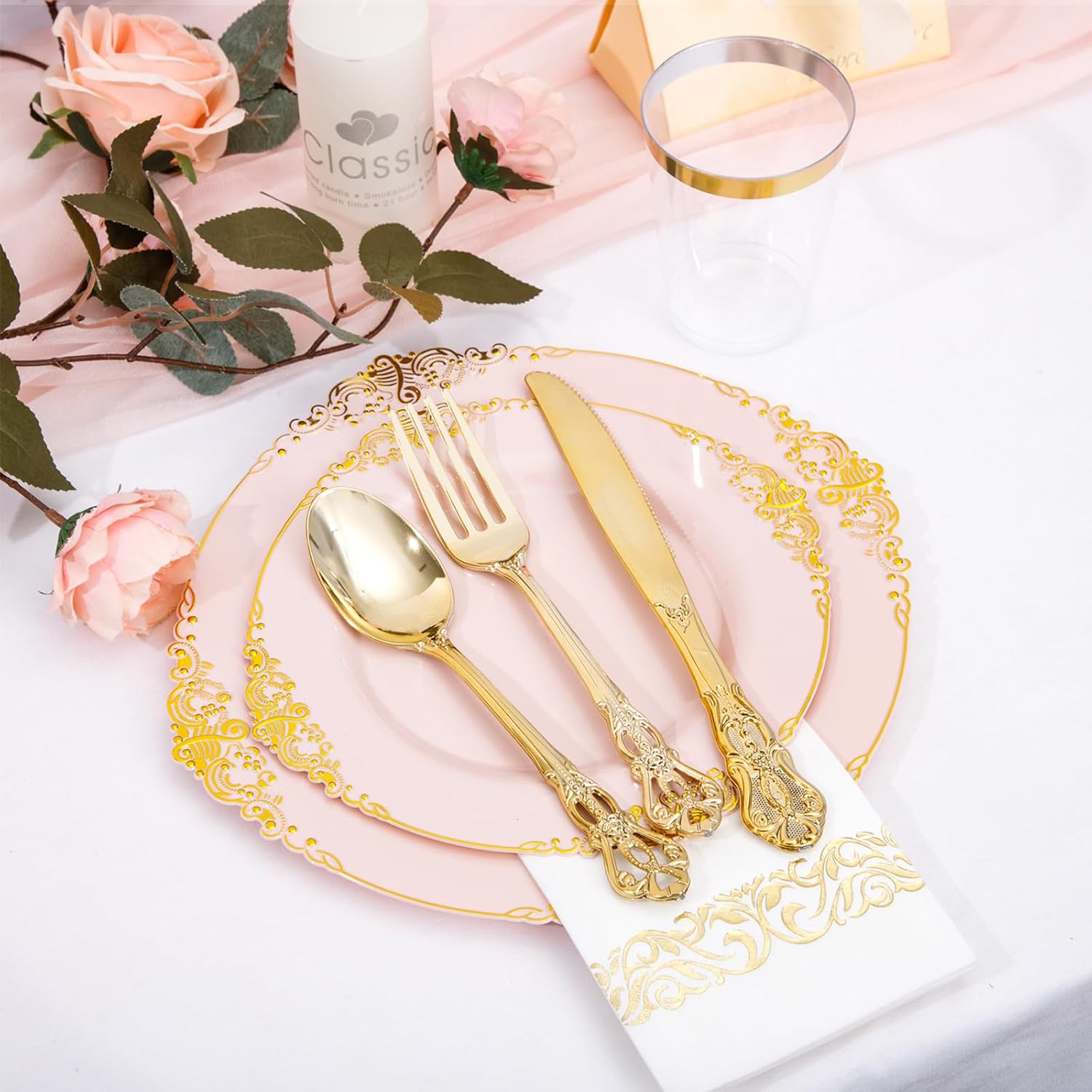 YOUBET 700PCS Pink Plastic Plates - Pink and Gold Plates - Luxury Pinks Dinnerware Set Include 200 Disposable Plates, 300 Heavy Duty Silverware, 100 Cups, 100 Napkins for Wedding Party